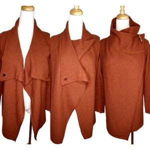 TAHARI Asymmetric Funnel Neck Cardigan Merino Wool Blend in Rust Size XS